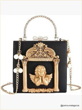 Love Angel Floral Embossed Clutch Evening Bag Crossbody Shoulder Chain Gold